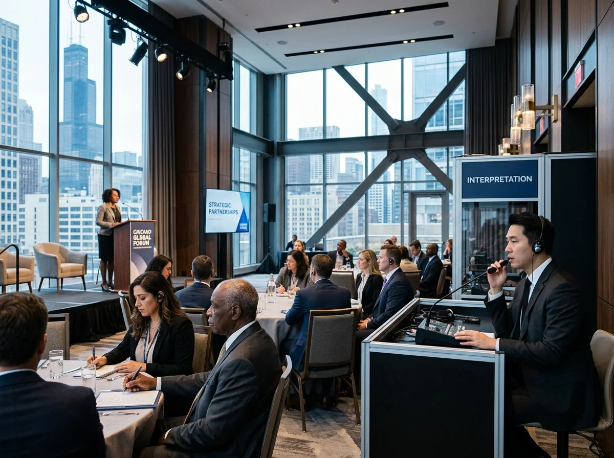Professional conference interpreter providing simultaneous interpretation at Chicago corporate event