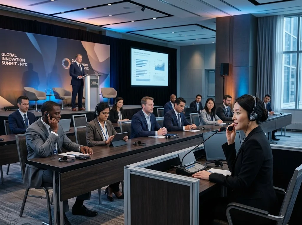 Simultaneous conference interpreter providing multi-language booth interpretation at New York Javits Center and Midtown summit