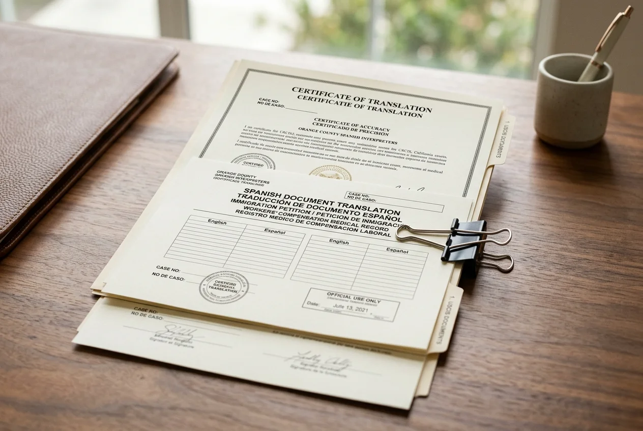 Certified Spanish document translation services for Orange County immigration petitions, workers comp records, and legal filings