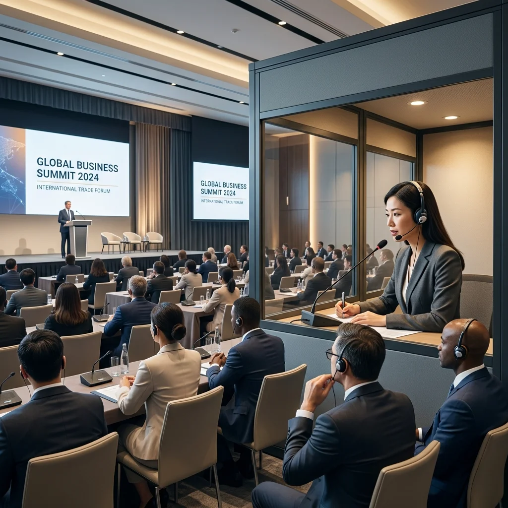 Professional Mandarin conference interpreter providing simultaneous interpretation at international business summit