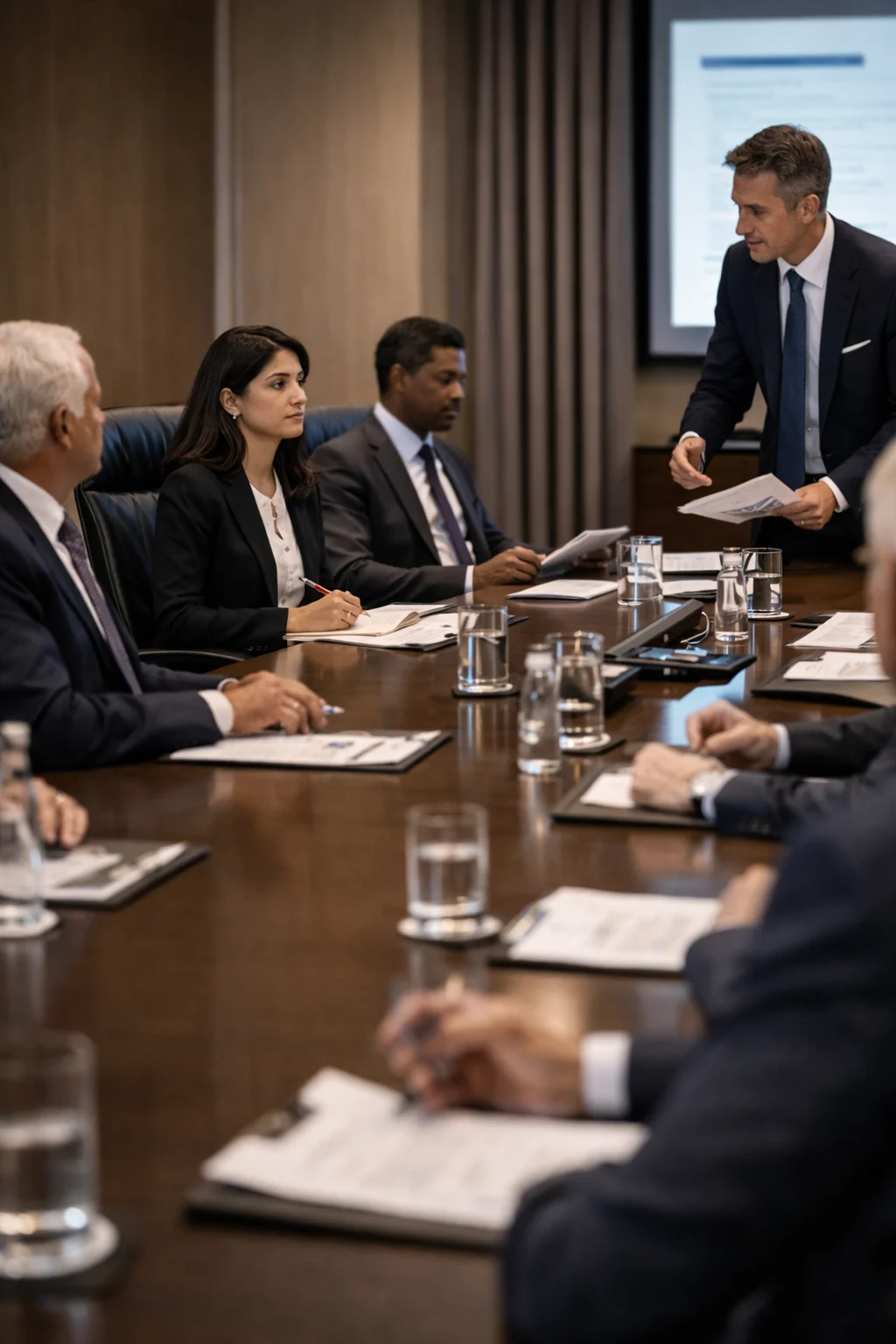 Executive boardroom meeting during mergers and acquisitions due diligence negotiation
