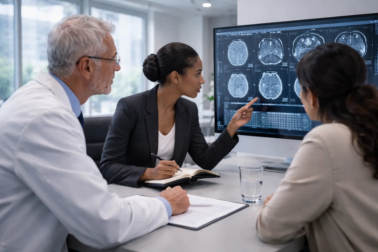 HIPAA-compliant medical interpreter assisting healthcare professionals at a hospital clinical setting