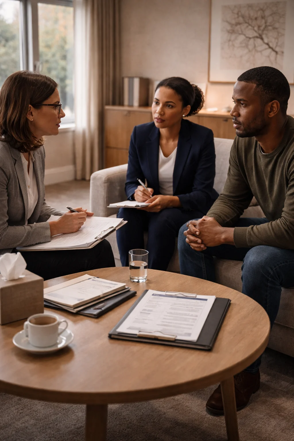 Interpreter trained in psychiatric terminology assisting a mental health evaluation and therapy session
