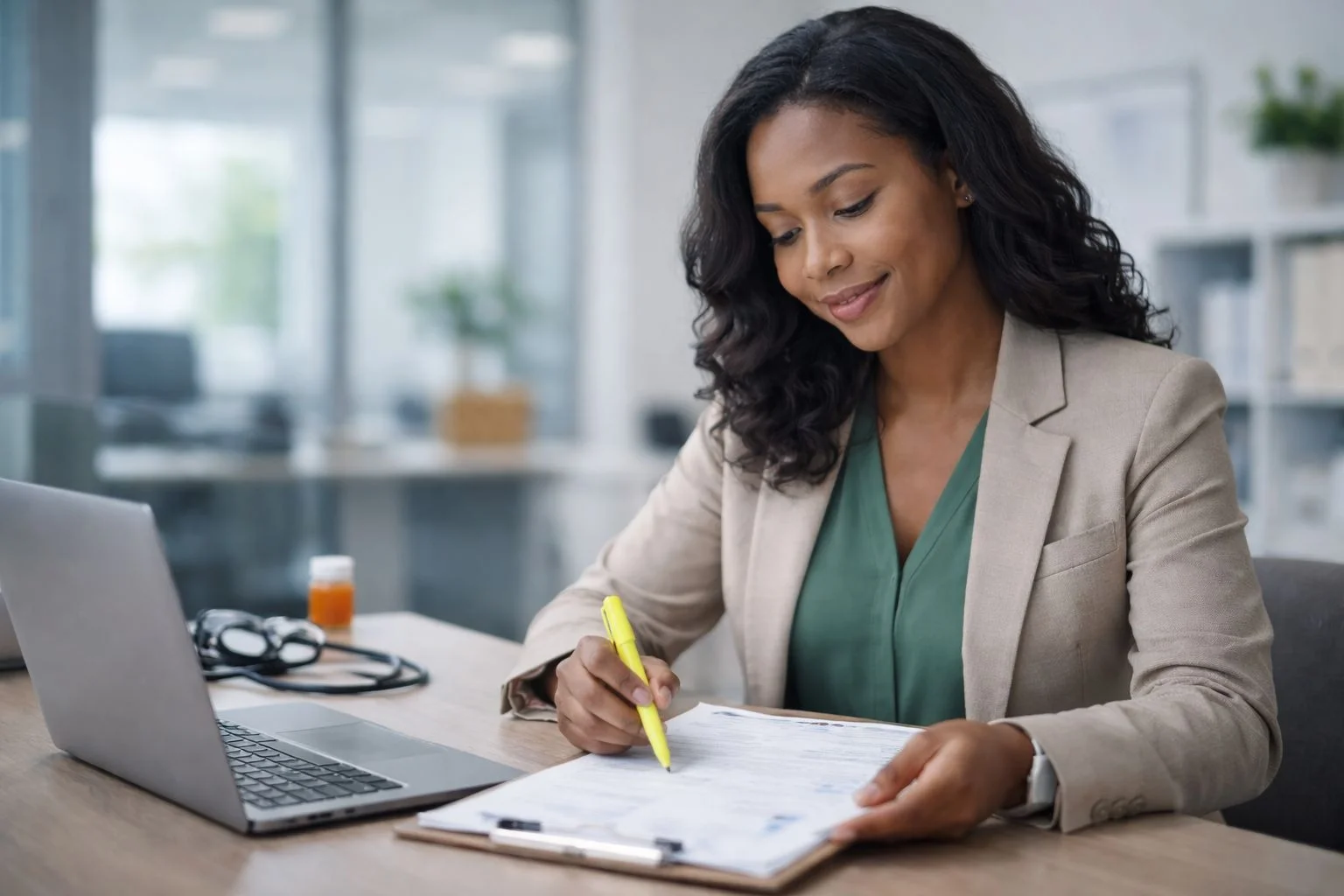 HIPAA-compliant medical records translation specialist reviewing clinical documents and patient files